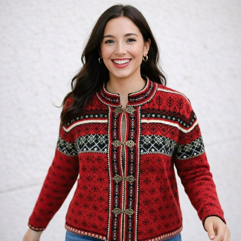 Vintage Cambridge Dry Goods Red Nordic Wool Cardigan Sweater L W/ Ornate Clasps